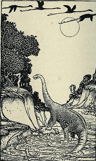 black and white etching of Eve meeting an Apatosaurus
