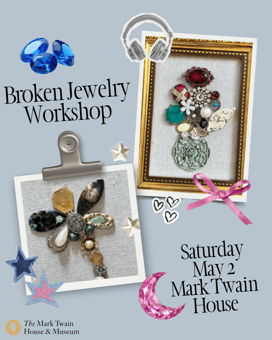 A digital graphic for the Broken Jewelry Workshop at the Mark Twain House